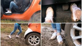 Sexy girl in Puma snickers got stuck in car in deep mud_FullHD