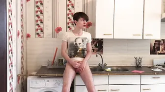 Cute Twink Jerks Off Big Cock and Cums Hard in Kitchen