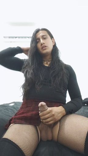 Femboys/transvestite masturbates her rich cock with skirt and slut stockings