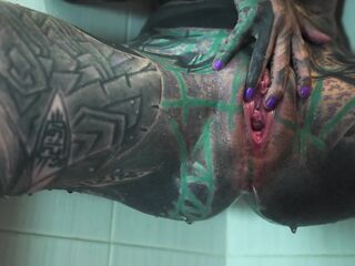 Heavily TATTOO model ANAL masturbation in shower
