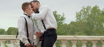 Horny men in suits pull out their dicks for a mutual moment in outdoor