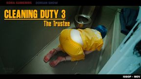 Cleaning Duty 3: The Trustee -Convict inmate trustee Kora Summers sweeps and scrubs the floor while shackled and wearing yellow scrub prisoner uniform while barefoot -1080p -MOV