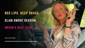 Elegant Blonde MILF in Parked BMW: Composed Puffing on Cigarette Paired with Glossy Red Lipstick Ritual in Leather & Satin Attire - Miss Lulu Leather - 4K