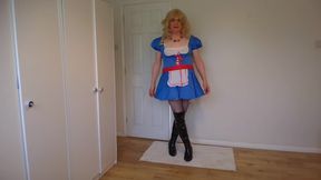 Stripping out of my blue costume in fishnets and no panties