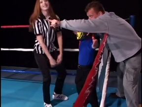 Midget wrestler gets fucked and rode by the brunette babe