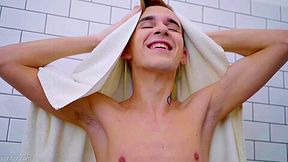 Tall and slim Vitaly wanks his cock in the shower - Spritzz