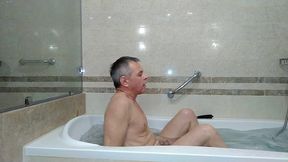 self quickie in black lingerie on queen bed and transparent catsuite in shower
