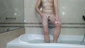 self quickie in black lingerie on queen bed and transparent catsuite in shower