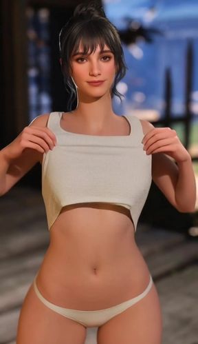 Slim blonde pro poses in sexy AI-generated 3D scene with cum play