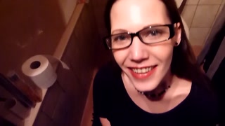 Nerdy librarian with glasses loves to drink piss