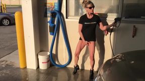 Milf Washing Car With No Panties Heels Busy Outdoor Carwash