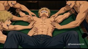 Four On One At The Pool Table - Roped Spread-Eagle And Tickled By His Friends (2D Anime)