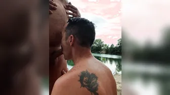 Deepthroat blowjob on nude beach with hung daddy