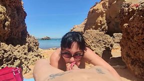 Seductive blonde gives seductive outdoor BJ with a hand job