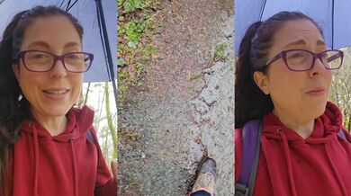 Single girl pees in tight jeans hiking trail