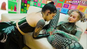 Inked anal queen Anuskatzz gets latex-covered ass licked and fisted POV