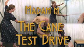 The Cane Test Drive, Madam M puts her new cane through a traditional test drive, delivering severe caning, corporal punishment, cane discipline, spanking bench restraint, obedience training, endurance testing and precise laddering