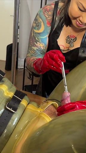 Sounding and Anal Stretching Double Domme in Latex with Madame Li Ying and Our Rubber Gimp