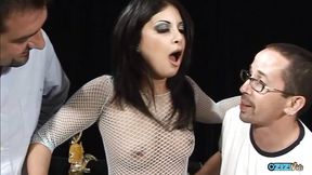 It takes two horny men to satisfy her lust so the brunette gets double penetration