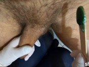 Waxing at home! with a nice final handjob, ejaculates and squirts beautician's pants / homemade wax