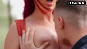 Curvy babe with tats gives sloppy head by stone wall