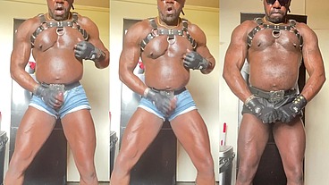 Black Muscle Dad in Denim/Leather Geared Wank and Flex & Cum