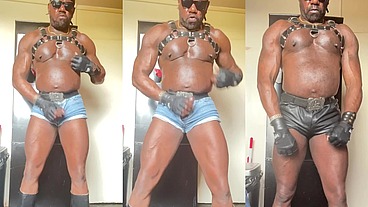 Black Muscle Dad in Denim/Leather Geared Wank and Flex & Cum