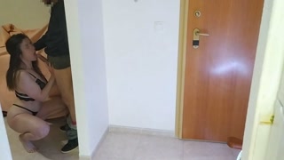 Wife fucks the delivery man while the husband watches. Cuckold fucks after