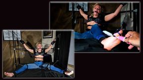 Blonde in Blue Jeans Bound for Tied Nipples to Toes Foot Tickling Predicament and Bondage Orgasms