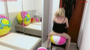 Alla destroys five beach balls of different sizes and colors and wears nylon tights!!!