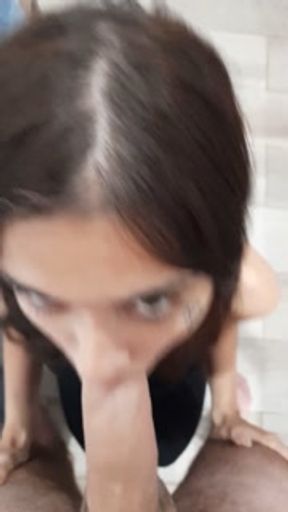 Cheating husband with big dick cums on cute neighbors face