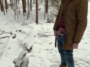 ASMR power pissing with pulsating urine in winter forest. Outdoor watersports