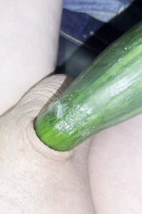 Shaved  inverted cock meets cucumber