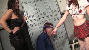 Two bratty collegegirls dominate their teacher with panty.