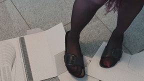 Carina is Crushing Cardboard boxes with Birkenstocks and Nylons