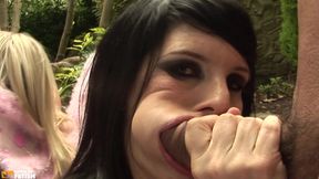 Two Busty Girls Blow Two Guys with Big Dicks and Ride Them with Passion Outdoor