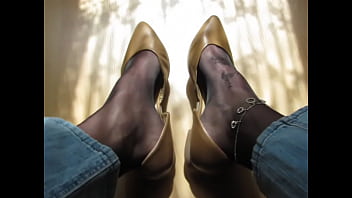 brown ballet flats, shoeplay in jeans, nylons, anklet and tattoos, shoeplay by Isabelle-Sandrine