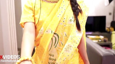 Indian schoolteacher in yellow dress pleasured by student with passionate pussy licking