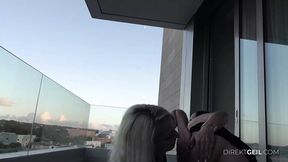 Blonde and brunette fuck on the balcony - pleased guy