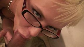 Blonde bitch Carly Parker wearing glasses gives blowjob