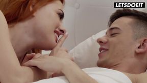 Redhead Irina Cage & Mini Vamp ride cock and give blowjob in romantic fuck session
