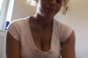 Natural titted blonde from Germany loves eating warm cum