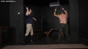 cruelmistresses - mistress kittina working on her shirtless slaves bare back with her whip