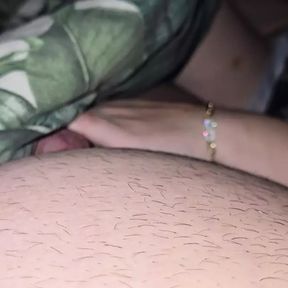 Step mom in mini dress in bed with step son handjob his dick under blanket