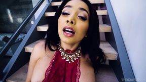 Incredible brunette in red lingerie, Aaliyah Hadid gave a blowjob to Mick Blue, until he came