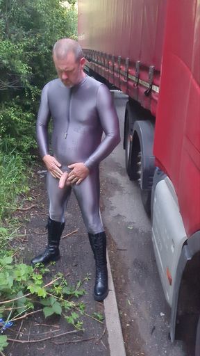 Kinky lorry diver exposed and cum in layby
