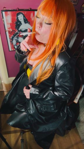 The Gothic Cutie Tina Snua Dressed In a Leather Coat &amp; Smoking A Cork 100 Cigarette - Ginger Miss Smokes In A Leather Outfit OME
