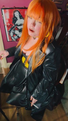 The Gothic Cutie Tina Snua Dressed In a Leather Coat &amp; Smoking A Cork 100 Cigarette - Ginger Miss Smokes In A Leather Outfit OME