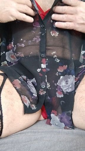 CD in Black and Red Lingerie Teases and Inserts Long Dildo Close up and Masturbates