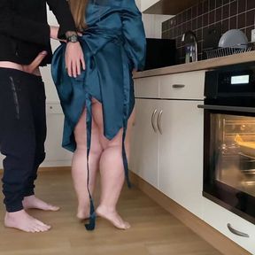 Horny mother-in-law and son-in-law masturbate together in the kitchen